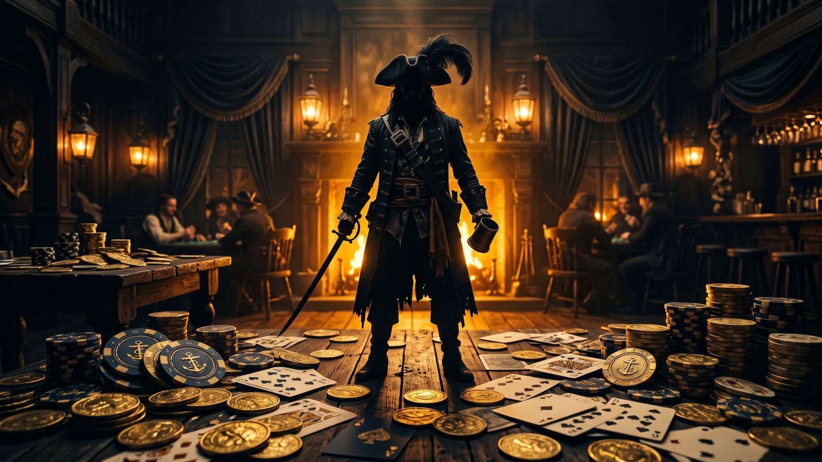 Piratenkapitein met gouden munten en speelkaarten op donkere achtergrond