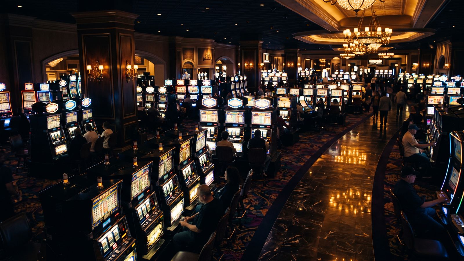 Rij casino speelautomaten met gouden lampen op donkere achtergrond